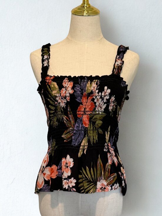 Patrons of Peace Tops - Patrons of Peace Black Pink Floral Smocked Tank S Cottagecore